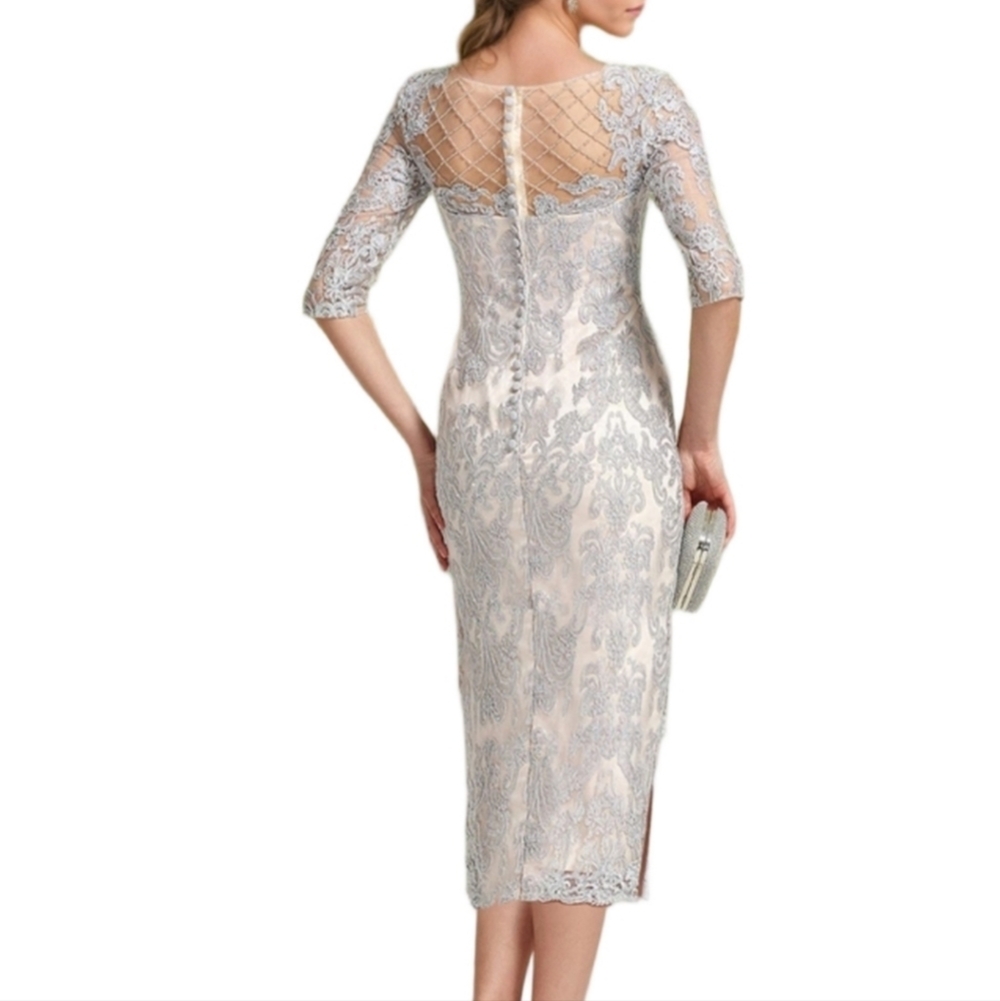 Custom Silver Lace Illusion Neck Beaded Half Sleeve Formal Sheath Dress